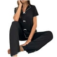 thumbnail image 1 of Button down Pajamas for Women New Women's Plus Size Two Piece Pajama Set Bow Front Short Sleeve Tee Tops and Pants Lounge Set Home Wear Black XL, 1 of 7