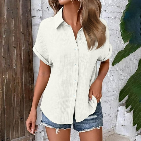 Button down Shirts for Women Lapel Long Sleeve Cotton Linen Tops Causal Lightweight Comfy Fall Plus Size Blouse Tees(White,S)