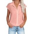 thumbnail image 1 of Button down Shirts for Women Lapel Short Sleeve Cotton Linen Tops Solid Casual Comfy Summer Ladies Blouse Tees Pink, 1 of 6