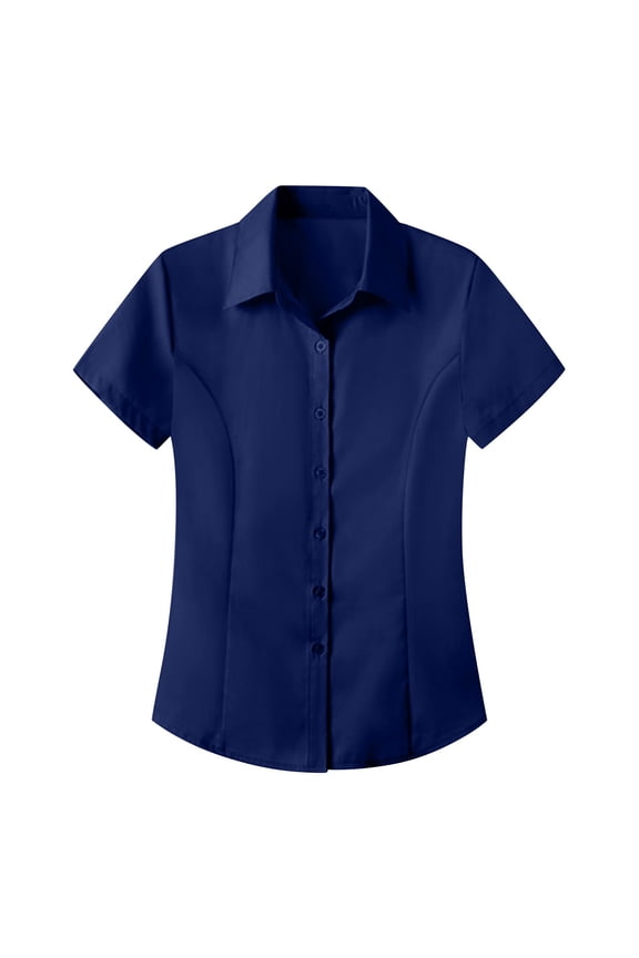 Button down Shirts for Women, Prolriy Women's Casual Printed Cotton Shirt, Short Sleeve Blouse Womens Tops Navy S