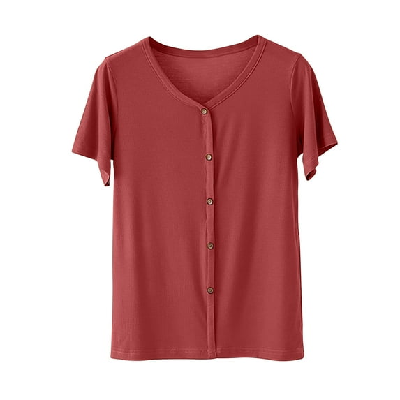 Button down Shirts for Women Short Sleeve Tees Summer Fashion Casual Solid Color Tops Loose Fit Basic Blouses (2XL, Red)