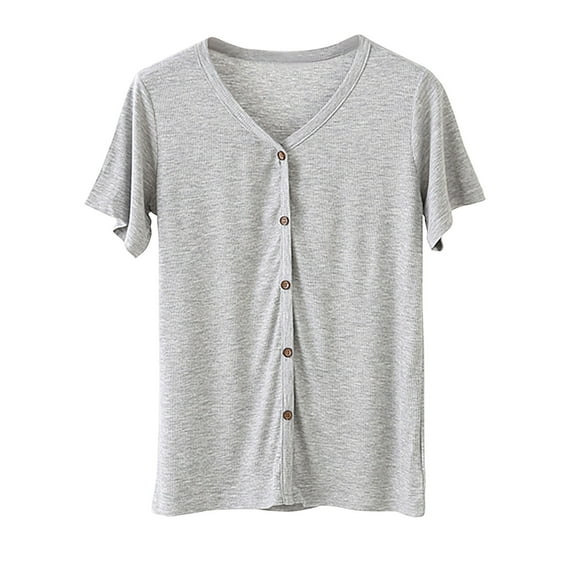 Button down Shirts for Women Short Sleeve Tees Summer Fashion Casual Solid Color Tops Loose Fit Basic Blouses (L, Gray)