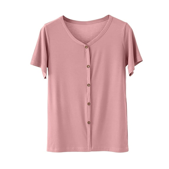 Button down Shirts for Women Short Sleeve Tees Summer Fashion Casual Solid Color Tops Loose Fit Basic Blouses (XL, Pink)