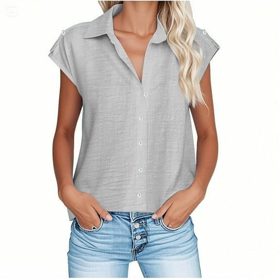 Button down Shirts for Women Summer Dressy Casual Collared Cap Short Sleeve Tops Loose Fit Solid Color Blouses (5XL, Gray)
