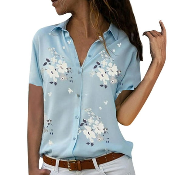 Button down Tops for Women Floral Printed Dress Shirts Short Sleeve Flowy Collared Plus Size Chiffon Blouses (S, Light blue)