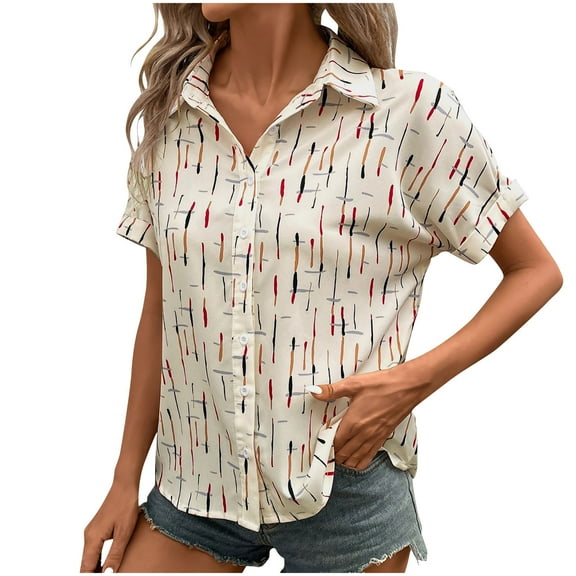 Button down Tops for Women Striped Printed Dress Shirts Short Sleeve Flowy Collared Fashion Casual Blouses (XL, Beige)