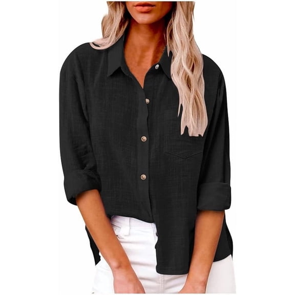 Button down shirts for women long sleeve Dressy Casual Tops Business Work Blouses Gauze Cotton Linen Shirts V Neck Loose Blouse Plus Size Elegant Tunic Top