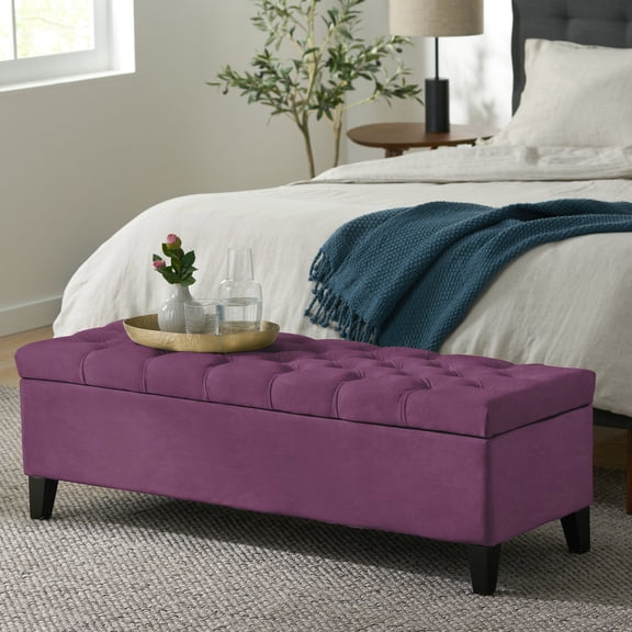 Button - tufted Diamond Stitch Purple Velvet Ottoman for Shoe - putting and Pillow Storage