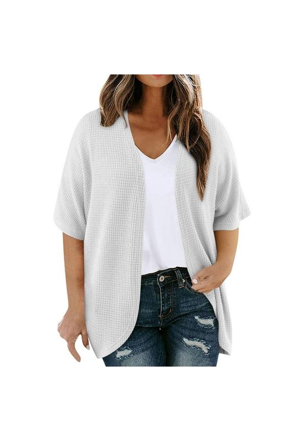 Button up Cardigans for Women, Womens Plus Size Cardigan Casual Half Sleeve Waffles Knit Kimonos Open Front Cardigans Jacket Tops White XL