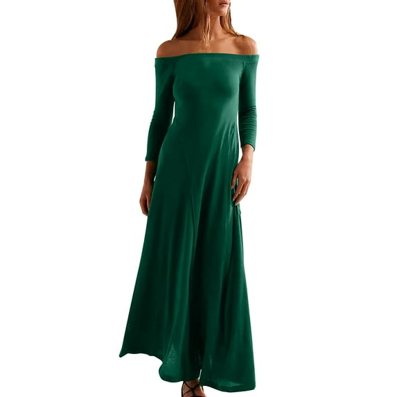 Button up Dress Women's off Shoulder Bodycon Maxi Dress 3/4 Sleeve Stretchy Solid Slim Flowy Evening Party Gowns Wrap Dress S-247 Green L