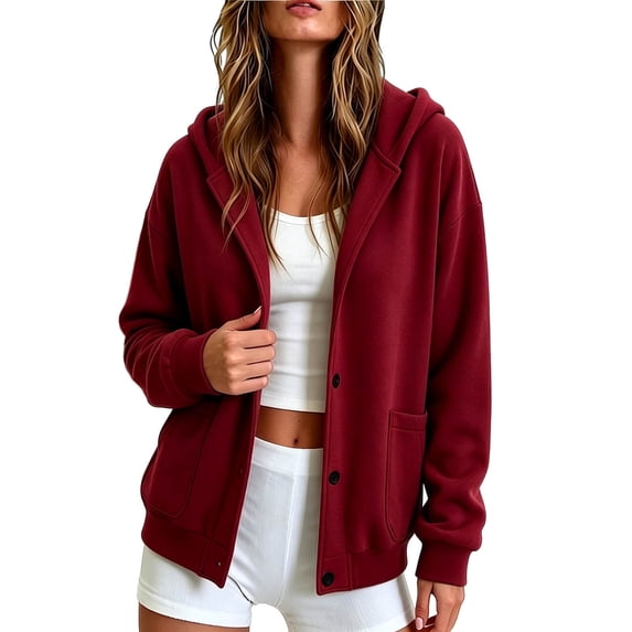 Button up Hoodie for Women, Soft Fleece Hooded Sweatshirt Jackets, Casual Solid Color Long Sleeve Hoodies with Pockets, Xxl