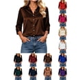 thumbnail image 1 of Button up Shirt Women Zaewscy Women's Satin Button Down Shirt Point Collar 3/4 Sleeve Elegant Casual Blouse Brown XL, 1 of 8