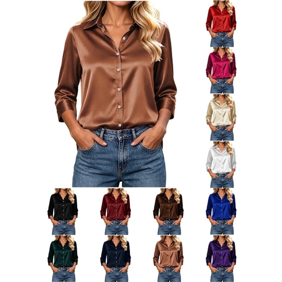 Button up Shirt Women Zaewscy Women's Satin Button Down Shirt Point Collar 3/4 Sleeve Elegant Casual Blouse Coffee XXL