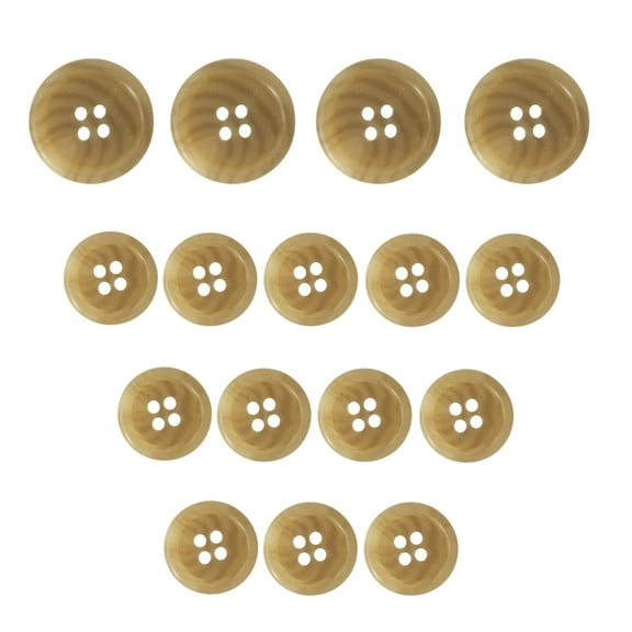 ButtonMode Faux Horn Suit Buttons 16pc Set has 4 Buttons Measuring 19mm (3/4 inch) for Jacket Coat Front, 12 Buttons Measuring 15mm (5/8 inch) for Jacket Sleeves and Pants, Khaki Tan Beige, 16-Buttons