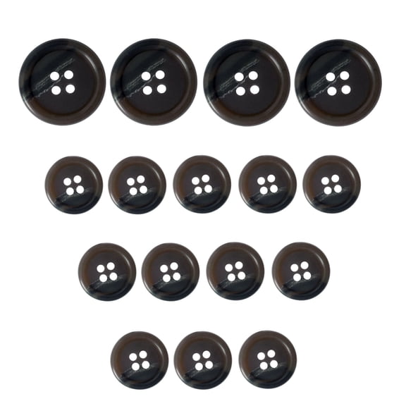 ButtonMode Faux Horn Suit Buttons 16pc Set has 4 Buttons Measuring 19mm (3/4 inch) for Jacket Coat Front, 12 Buttons Measuring 15mm (5/8 inch) for Jacket Sleeves and Pants, Brown, 16-Buttons