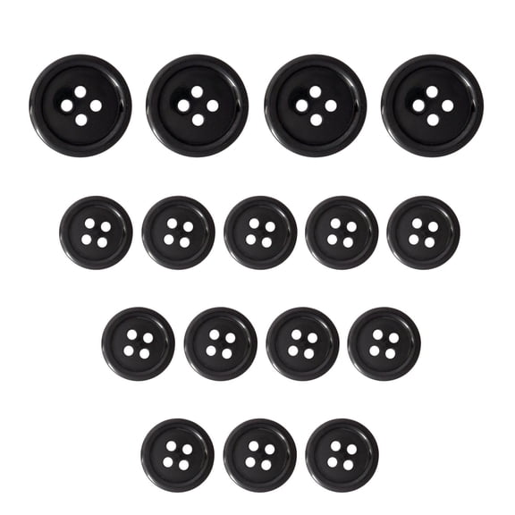 ButtonMode Standard Suit Buttons 16pc Set includes 4 Buttons measuring 19mm (3/4 Inch) for Jacket Front, 12 Buttons measuring 15mm (5/8 Inch) for Jacket Sleeves and Pants, Black, 16-Buttons