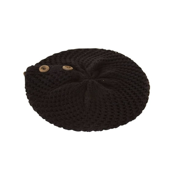 Buttoned Crochet Ribbed Knit Beanie Cap - Black