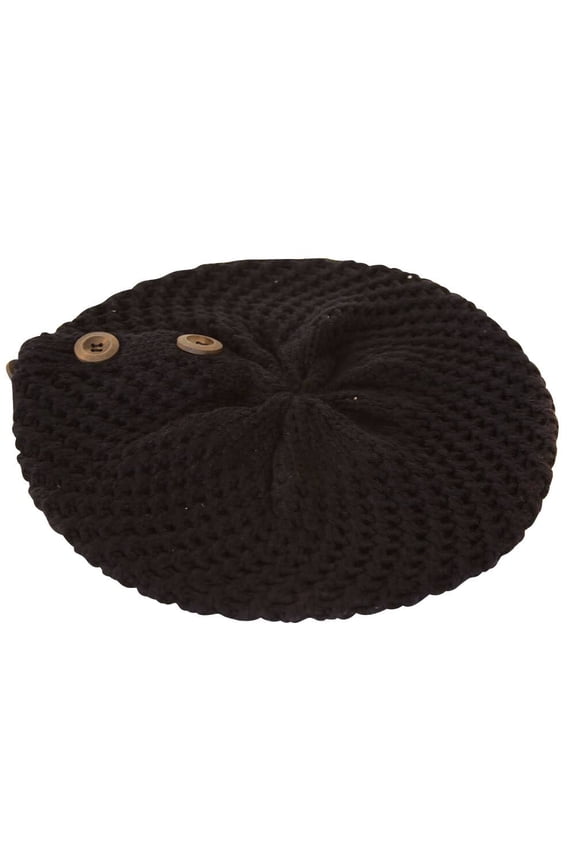 Buttoned Crochet Ribbed Knit Beanie Cap - Black