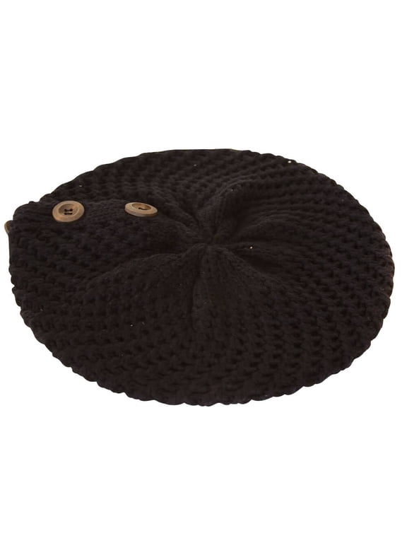 Buttoned Crochet Ribbed Knit Beanie Cap - Black