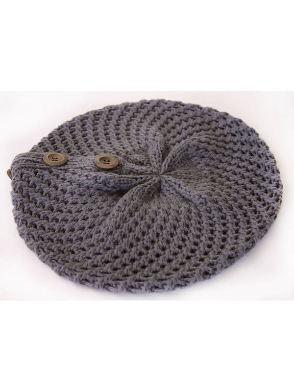 Buttoned Crochet Ribbed Knit Beanie Cap - Grey