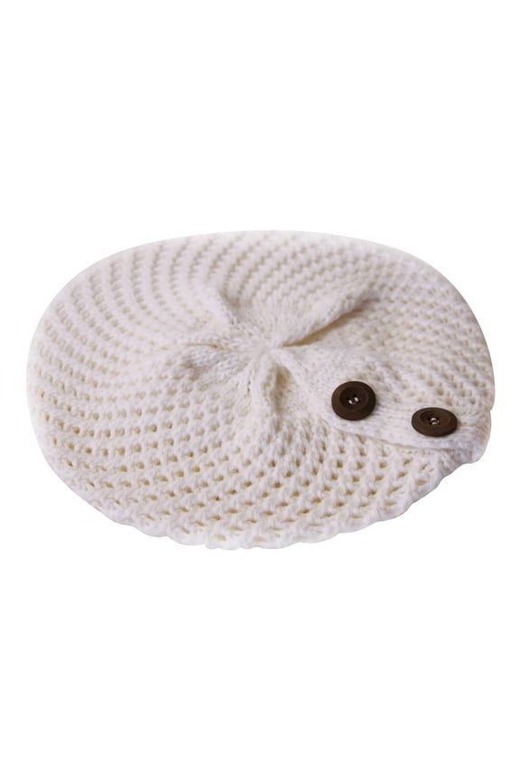 Buttoned Crochet Ribbed Knit Beanie Cap - Off White
