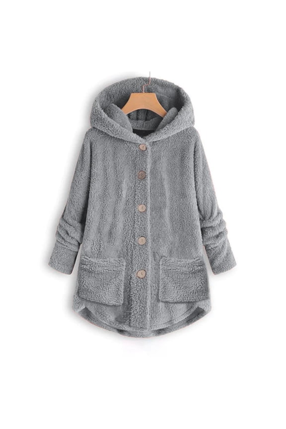 Buttoned Irregular Hooded Plush Top
