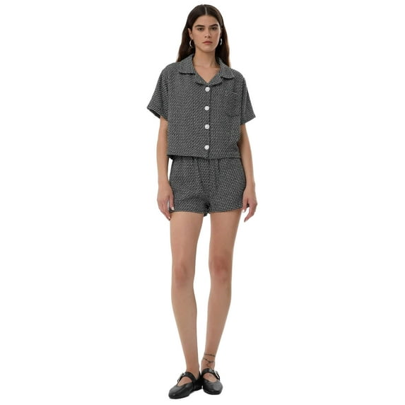 Buttoned Short-Sleeve Tweed Blouse