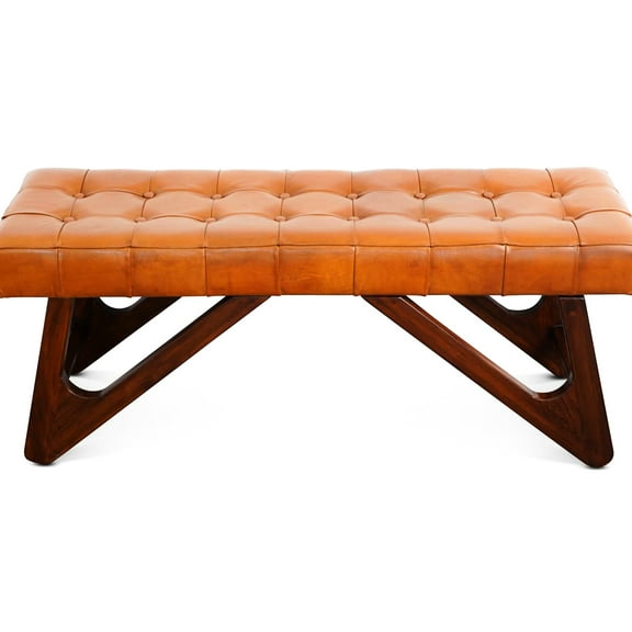 Buttoned Tan Leather Bench For Mid-century Style - Genuine Wood Frame 48.61 In. Long Stylish In Modern Solid Legs 48.8 Comfortable