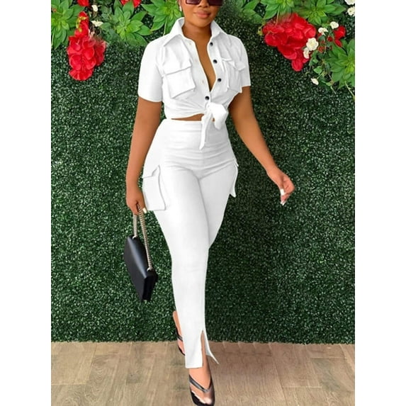 Buttoned Tie Up Crop Top Cargo Pant