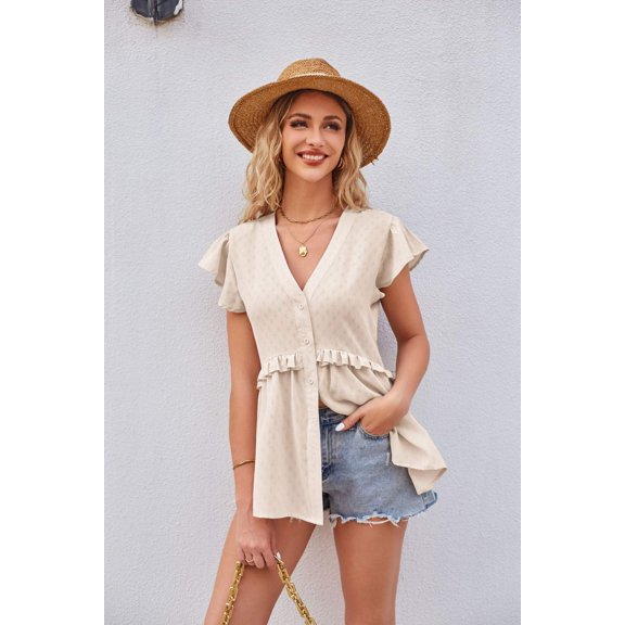 Buttoned V-Neck Ruffle Trim Top