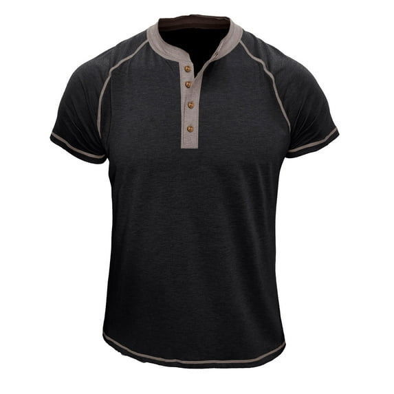 Buttons Crewneck Tops Mens Short Sleeve T-Shirts Workout Athletic Slim Shirts Basic Tops Breathable Cotton Tees Activewear Black,L
