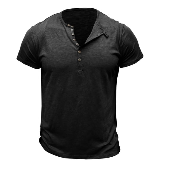 Buttons Crewneck Tops Mens Short Sleeve T-Shirts Workout Athletic Slim Shirts Basic Tops Breathable Cotton Tees Activewear Black,S