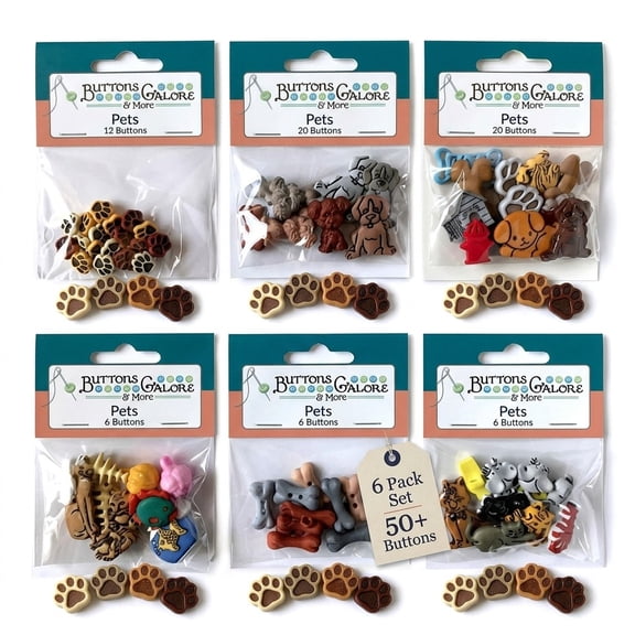 Buttons Galore 50+ Assorted Pets Cats Dogs Buttons for Sewing & Crafts - Set of 6 Button Packs