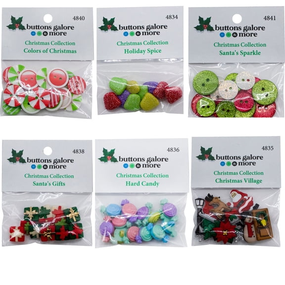 Buttons Galore 60+ Christmas Buttons for Craft, Sewing, Scrapbooking DIY Projects - 6 Different Button Packs