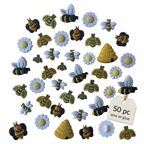 Bee-Themed Novelty Buttons 50-Piece Assortment for Sewing, Scrapbooking & DIY Crafts Bumblebees, Bee Hives and Flowers