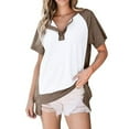 thumbnail image 1 of Buttons V Neck Short Sleeve T-Shirts for Women Oversized High Low Hem Patchwork Tops Summer Fashion Tees Streetwear Coffee,XL, 1 of 6