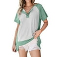 thumbnail image 1 of Buttons V Neck Short Sleeve T-Shirts for Women Oversized High Low Hem Patchwork Tops Summer Fashion Tees Streetwear Green,2XL, 1 of 6