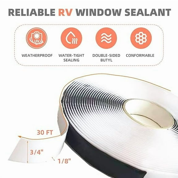 Butyl Tape Black, 1/8-In x 3/4-In x 30-Foot, Double Sided Leak Proof Waterproof Butyl Sealant Tape, RV Plumbers Putty Rubber Seal Tape for RV Repair, Window, Boat Sealing, and Roof Patching