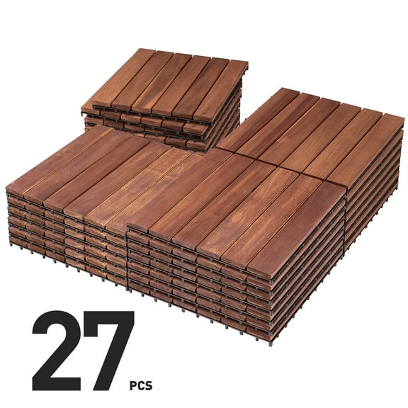 BuxWellBang 12'' x 12'' Interlocking Deck Tiles, Acacia Wood for Flooring, 27 Pcs, Brown