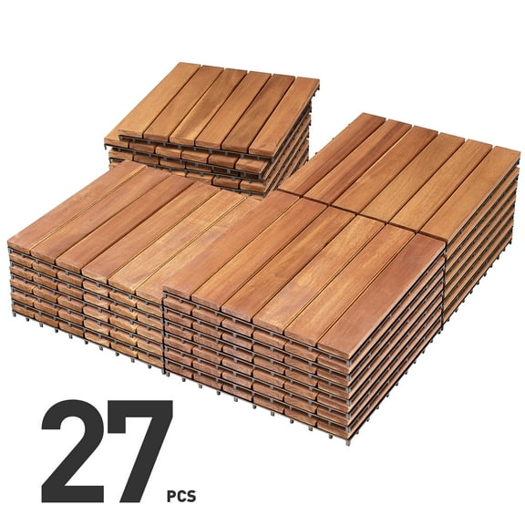 BuxWellBang 27pcs Interlocking Deck Tiles, 12''x12'' Wood Flooring Tiles for Patio Garden, Natural