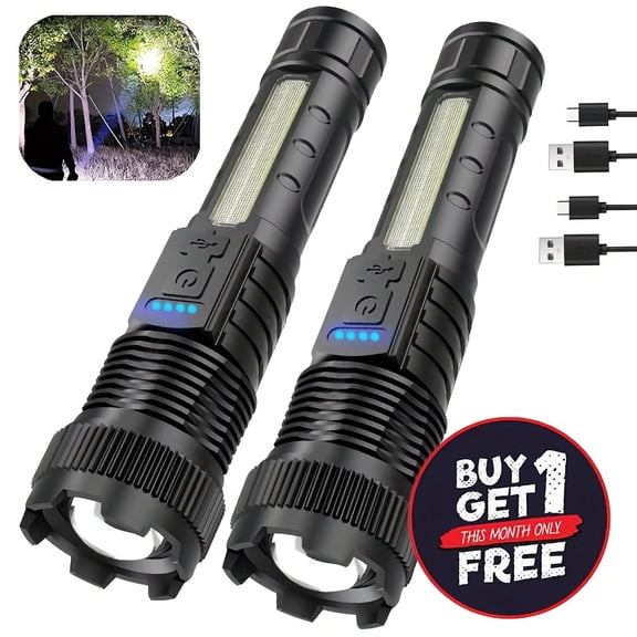 Buy 1 Get 1 Free (Total 2pcs) Multifunctional Flashlights, High Lumen Rechargeable LED, 6 Modes, COB Side Light, USB-C, Zoomable for Camping Emergency