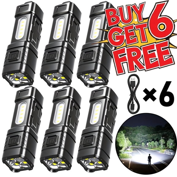 Buy 1 Get 5 Free, 6 Pack Rechargeable 4LED Mini Flashlight, USB-C Charging, COB Light, Back Clip, 4 Modes, Portable Ultra Bright Small Torch for Camping Hiking Outdoor