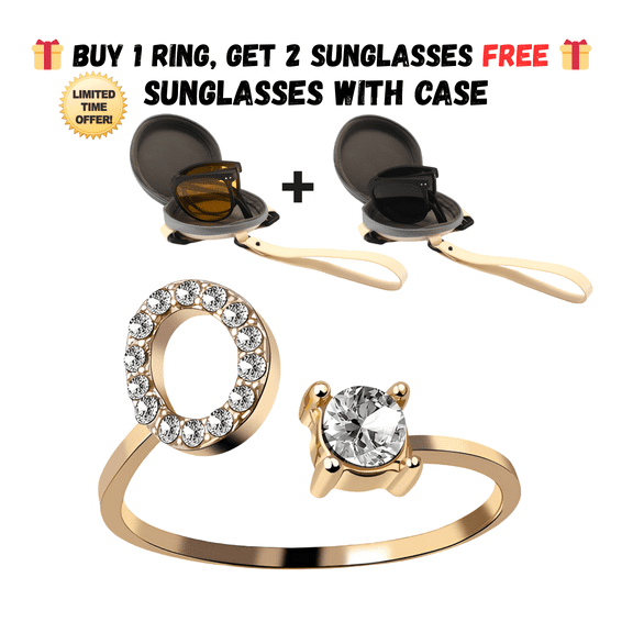 Buy 1 Ring Get 2 Free Sunglasses – Adjustable A-Z Letter Ring for Women with Sunglasses & Case – Elegant Zircon Initial Jewelry