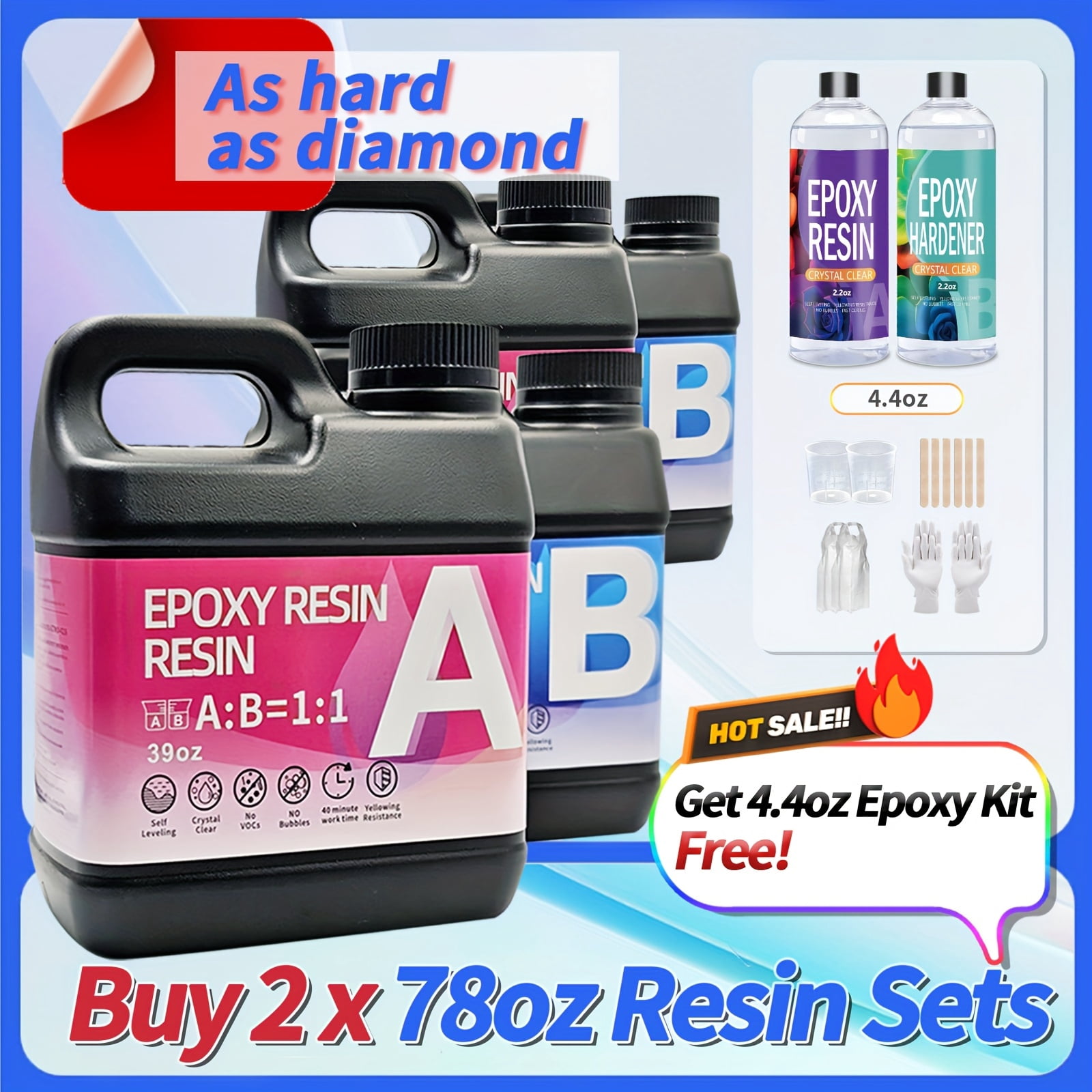 Buy 2 Get 1 Free, 2-Pack 78Oz Epoxy Resin (1.22 Gallon) W/ 1 FREE 4.4Oz Kits - Crystal Clear & Bubble-Free for Pro Crafting!
