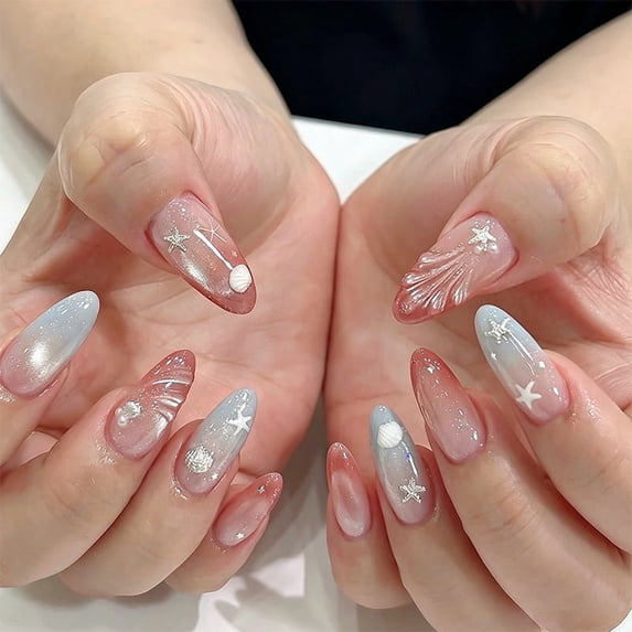 Buy 2 Get 1 Free 24Pcs Christmas Almond Press On Nails, Viral Pink Blue ...