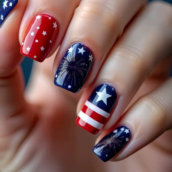 Buy 2 Get 1 Free 4th of July Press On Nails Patriotic Press On Nails, Red White Blue Star & Stripe Fake Nails, Short Square with Jelly Glue, Holiday Decorations for Women