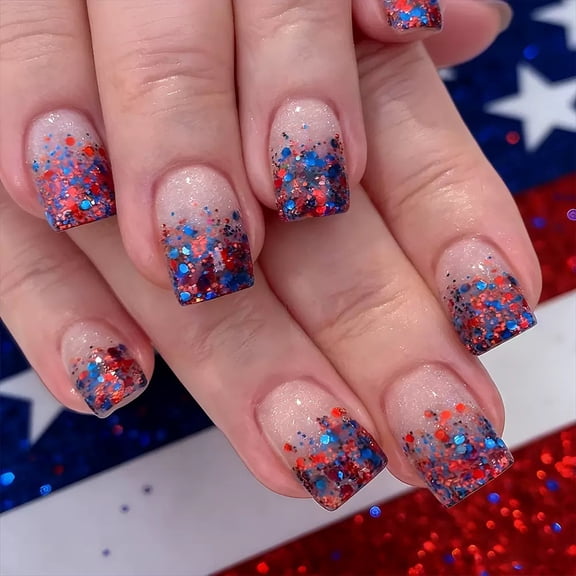 Buy 2 Get 1 Free 4th of July Press on Nails Short Almond Fake Nails with Star Designs White Blue Red French Tip Glue on Nails Press ons Independence Day False Nail Full Cover Nail for Women 24Pcs