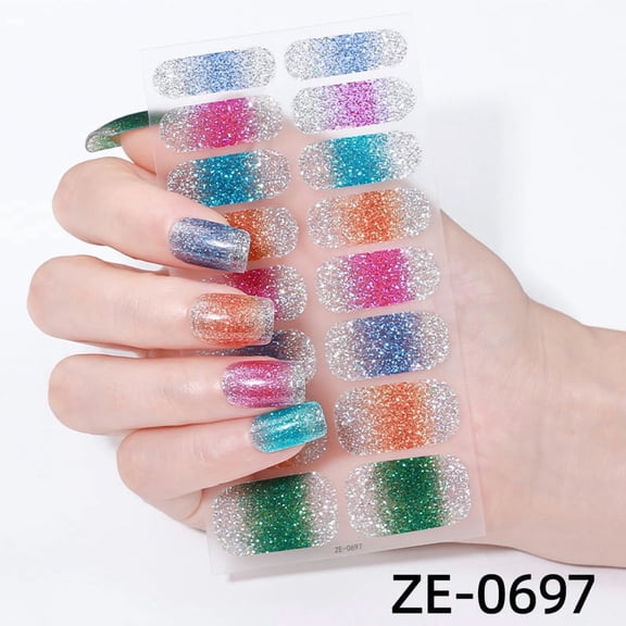 Buy 2 Get 1 Free Glitter Rainbow Gradient Nail Wraps, Full Cover Self-Adhesive Nail Stickers Kit, 1 Sheet Nail Strips with Nail File for Salon DIY Manicure