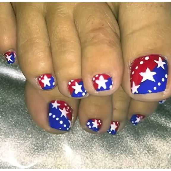 Buy 2 Get 1 Free Press on Toenails, 4th of July Flag Fake Toe Nails with Jelly Glue, Nail File & Buffer, Multiple Designs Reusable Acrylic Toenail Kit for Women