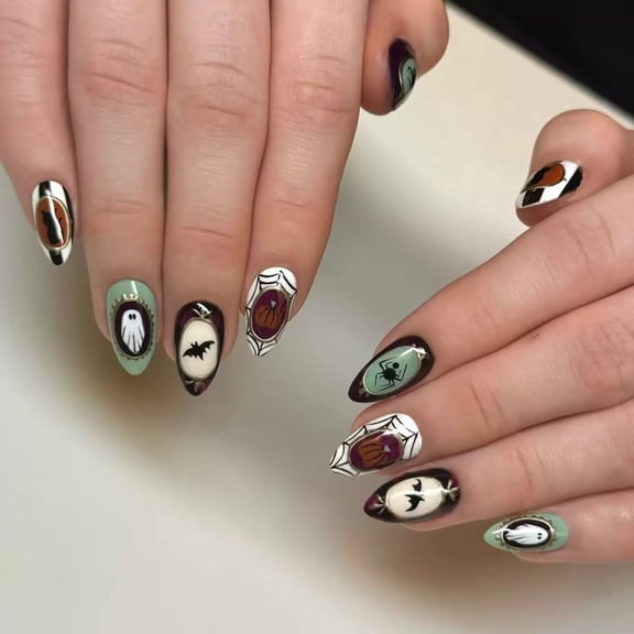 Buy 2 Get 1 Free Vintage Halloween Oval Frame Press On Nails, Medium Almond Ghost Bat Spider Pumpkin Fake Nail Kit, 24Pcs Reusable False Nails with Jelly Tabs Nail File Buffer